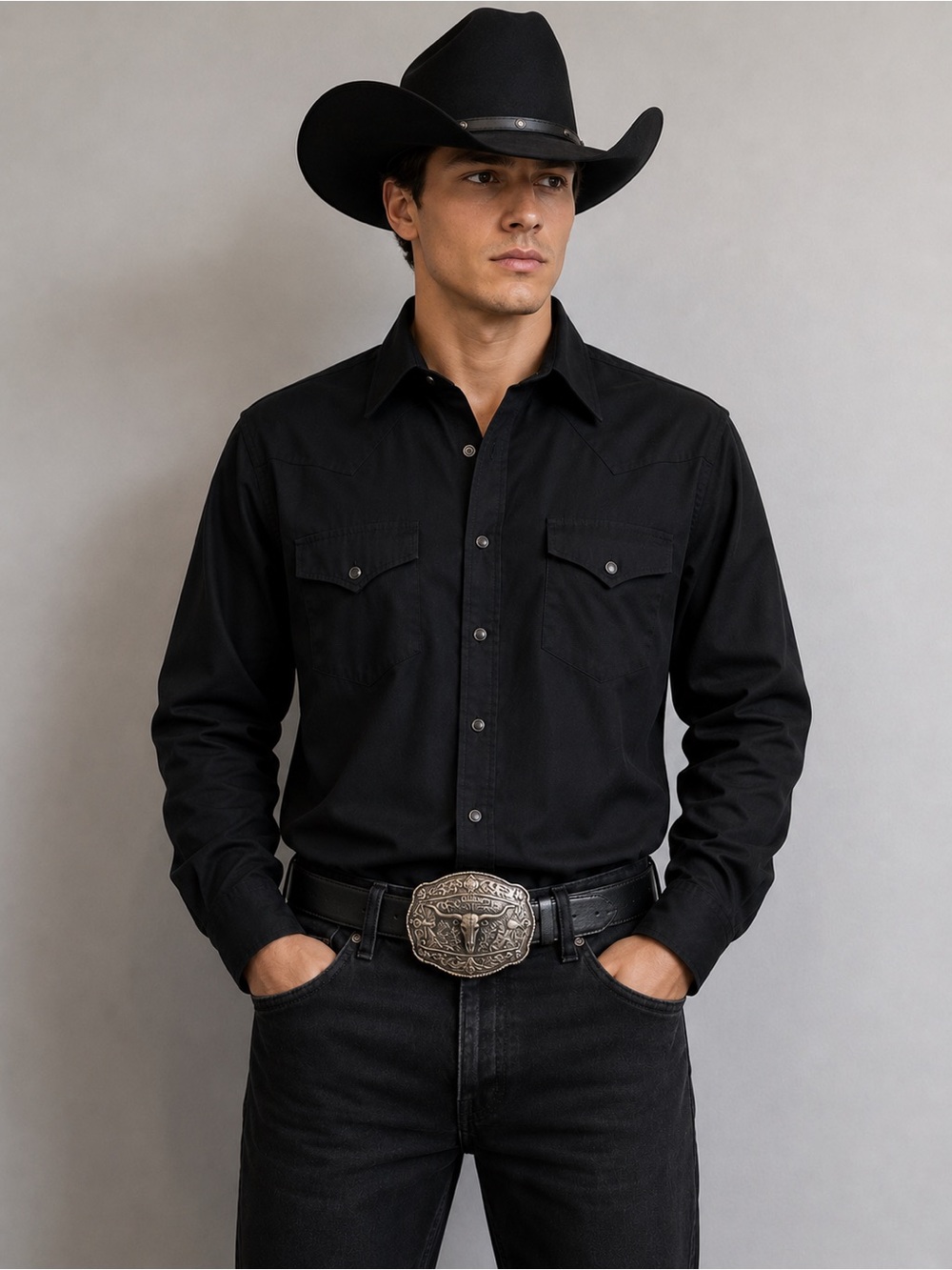 Classic Black Western Pearl Snap Shirt Men TALL XL - Ely Cattleman